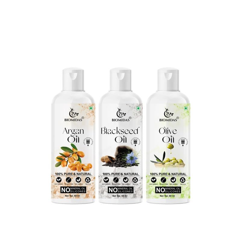 Biomidas 100% Pure Argan Oil & Blackseed Oil & Olive Oil 60ML Combo (Pack Of 3)