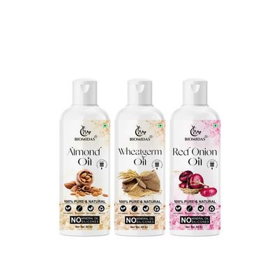 Biomidas 100% Pure Almond Oil & Wheat Germ Oil & Red Onion Oil 60ML Combo (Pack Of 3)