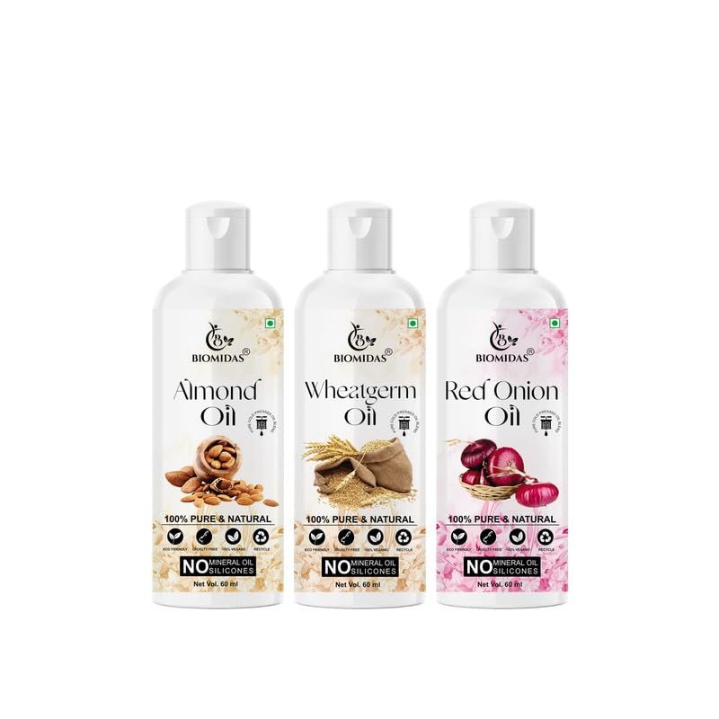 Biomidas 100% Pure Almond Oil & Wheat Germ Oil & Red Onion Oil 60ML Combo (Pack Of 3)