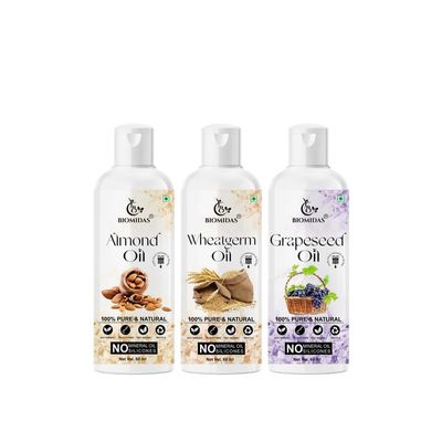 Biomidas 100% Pure Almond Oil & Wheat Germ Oil & Grapeseed Oil 60ML Combo (Pack Of 3)