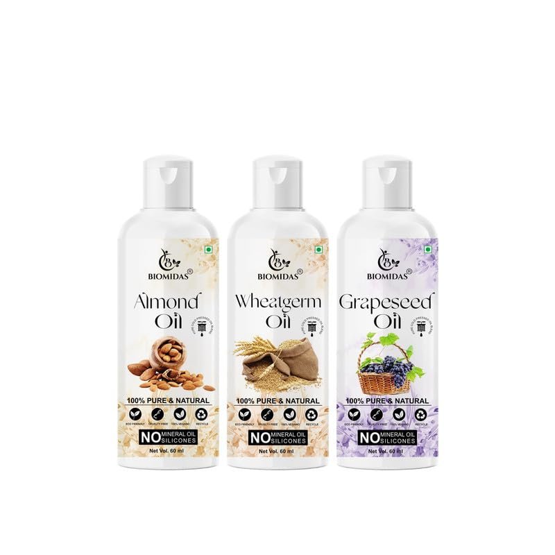 Biomidas 100% Pure Almond Oil & Wheat Germ Oil & Grapeseed Oil 60ML Combo (Pack Of 3)