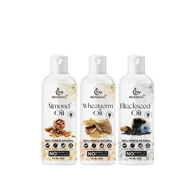 Biomidas 100% Pure Almond Oil & Wheat Germ Oil & Blackseed Oil 60ML Combo (Pack Of 3)