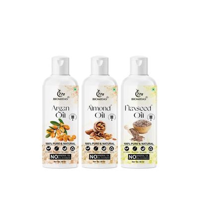 Biomidas 100% Pure Argan Oil & Almond Oil & Flaxseed Oil 60ML Combo (Pack Of 3)
