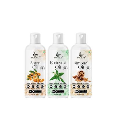 Biomidas 100% Pure Argan Oil & Bhringraj Oil & Almond Oil 60ML Combo (Pack Of 3)