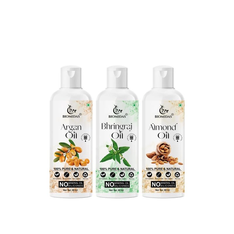 Biomidas 100% Pure Argan Oil & Bhringraj Oil & Almond Oil 60ML Combo (Pack Of 3)