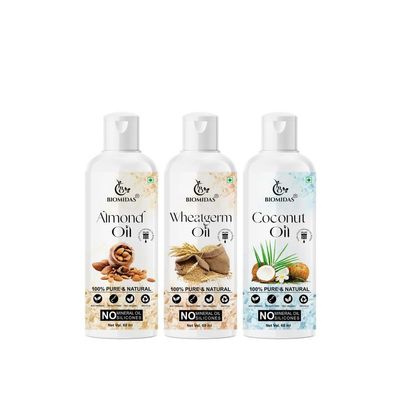 Biomidas 100% Pure Almond Oil & Wheat Germ Oil & Coconut Oil 60ML Combo (Pack Of 3)
