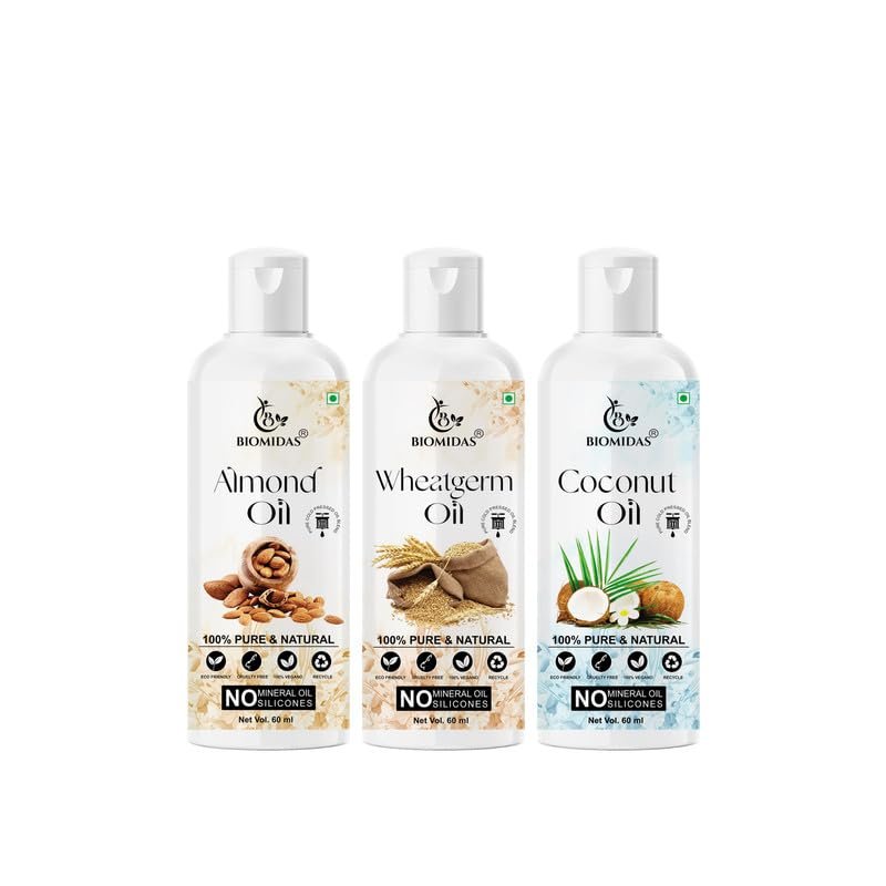 Biomidas 100% Pure Almond Oil & Wheat Germ Oil & Coconut Oil 60ML Combo (Pack Of 3)