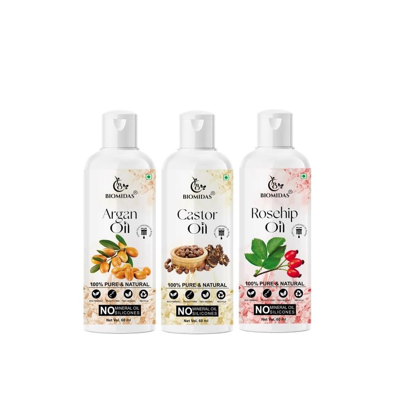 Biomidas 100% Pure Argan Oil & Castor Oil & Rosehip Oil 60ML Combo (Pack Of 3)