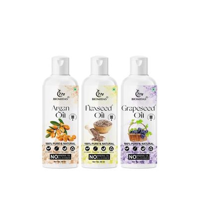 Biomidas 100% Pure Argan Oil & Flaxseed Oil & Grapeseed Oil 60ML Combo (Pack Of 3)