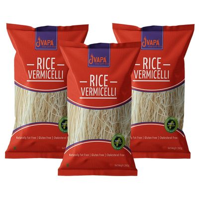 Jvapa Rice Vermicelli (Long Thin Noodles) |Naturally Gluten Free | Cholesterol Free | Naturally Fat Free | Made with 100% Rice -750 gm (250g x Pack of 3)