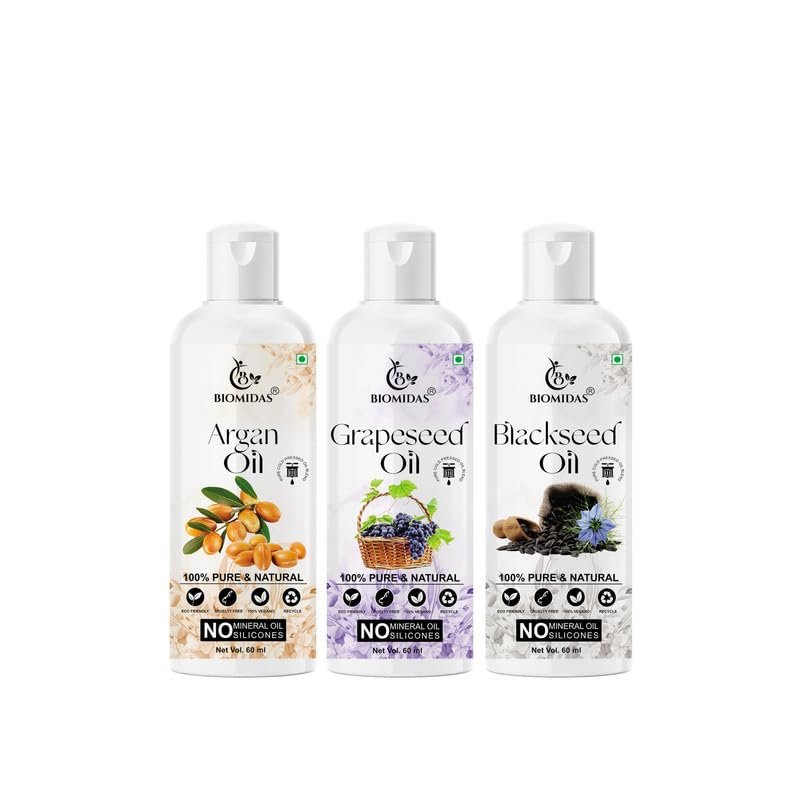 Biomidas 100% Pure Argan Oil & Grapeseed Oil & Blackseed Oil 60ML Combo (Pack Of 3)