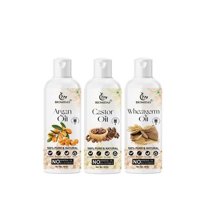 Biomidas 100% Pure Argan Oil & Castor Oil & Wheat Germ Oil 60ML Combo (Pack Of 3)