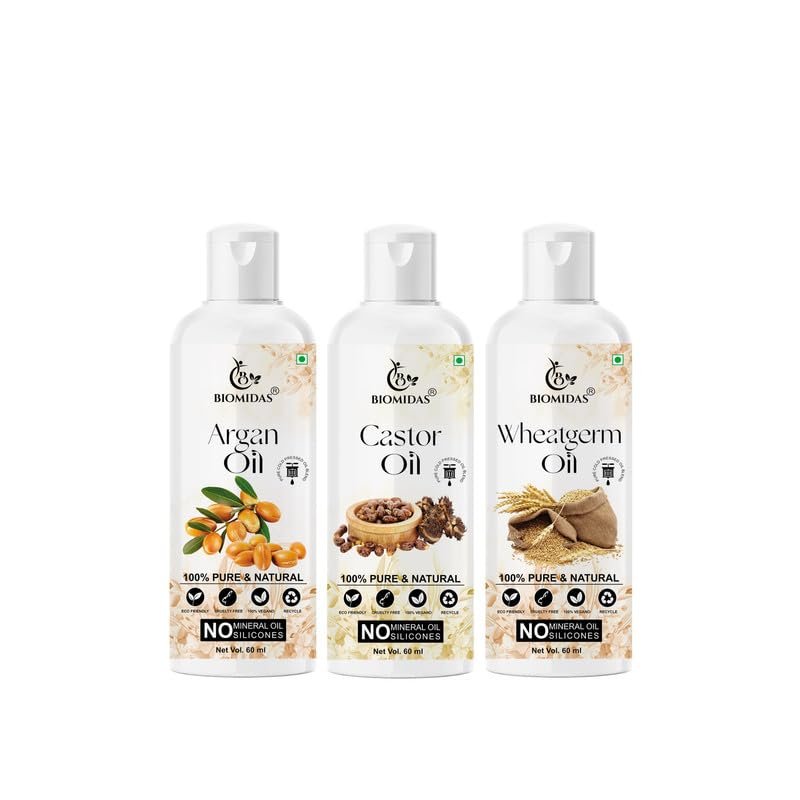 Biomidas 100% Pure Argan Oil & Castor Oil & Wheat Germ Oil 60ML Combo (Pack Of 3)