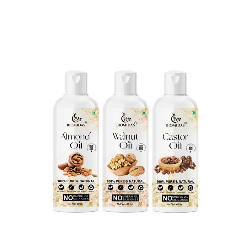 Biomidas 100% Pure Almond Oil & Walnut Oil & Castor Oil 60ML Combo (Pack Of 3)