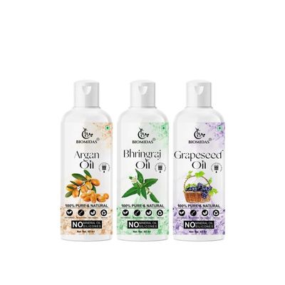 Biomidas 100% Pure Argan Oil & Bhringraj Oil & Grapeseed Oil 60ML Combo (Pack Of 3)