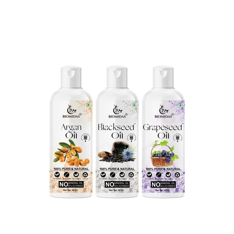 Biomidas 100% Pure Argan Oil & Blackseed Oil & Grapeseed Oil 60ML Combo (Pack Of 3)