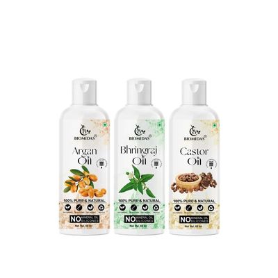 Biomidas 100% Pure Argan Oil & Bhringraj Oil & Castor Oil 60ML Combo (Pack Of 3)
