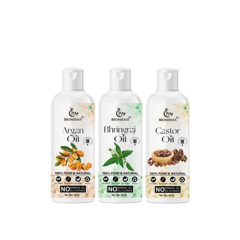 Biomidas 100% Pure Argan Oil & Bhringraj Oil & Castor Oil 60ML Combo (Pack Of 3)