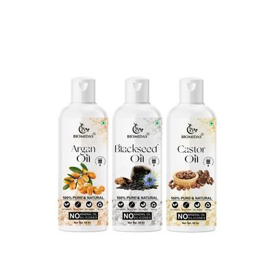 Biomidas 100% Pure Argan Oil & Blackseed Oil & Castor Oil 60ML Combo (Pack Of 3)
