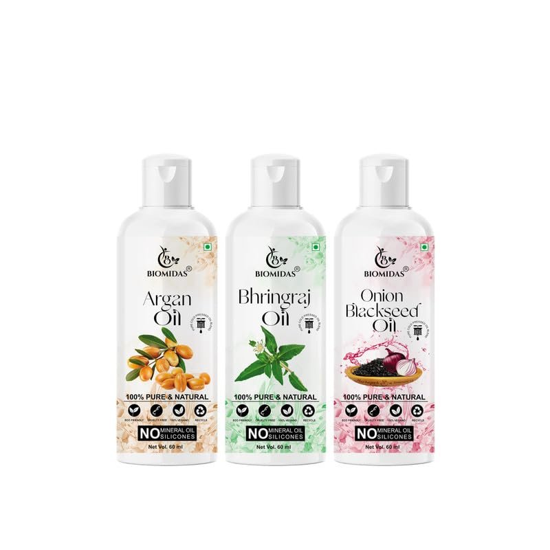 Biomidas 100% Pure Argan Oil & Bhringraj Oil & Onionblackseed Oil 60ML Combo (Pack Of 3)