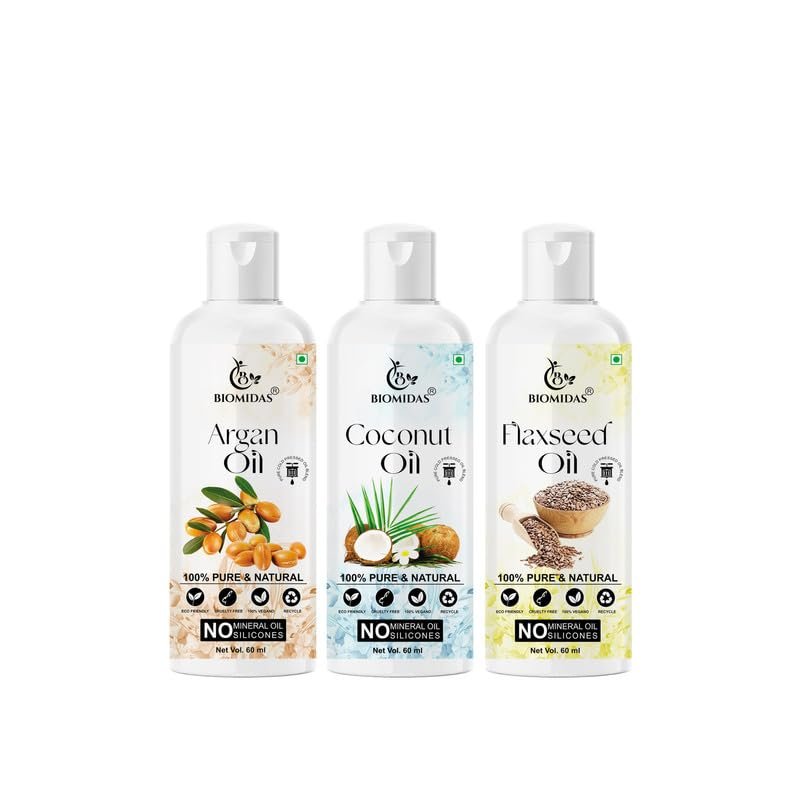 Biomidas 100% Pure Argan Oil & Coconut Oil & Flaxseed Oil 60ML Combo (Pack Of 3)