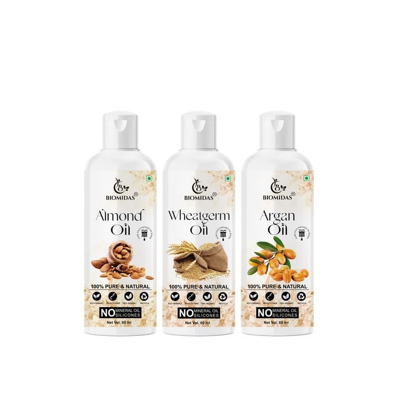 Biomidas 100% Pure Almond Oil & Wheat Germ Oil & Argan Oil 60ML Combo (Pack Of 3)
