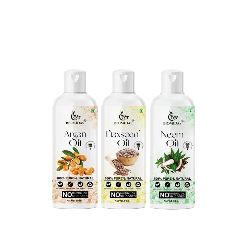 Biomidas 100% Pure Argan Oil & Flaxseed Oil & Neem Oil 60ML Combo (Pack Of 3)