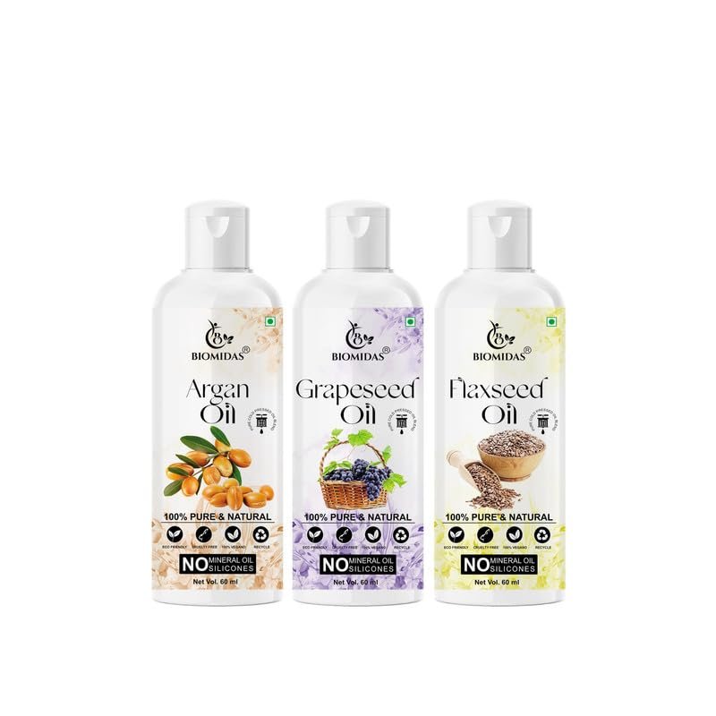 Biomidas 100% Pure Argan Oil & Grapeseed Oil & Flaxseed Oil 60ML Combo (Pack Of 3)