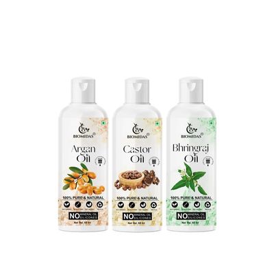 Biomidas 100% Pure Argan Oil & Castor Oil & Bhringraj Oil 60ML Combo (Pack Of 3)