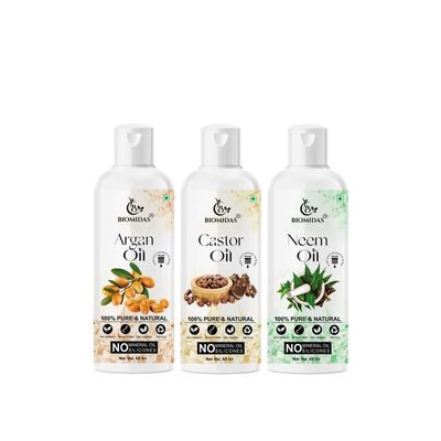 Biomidas 100% Pure Argan Oil & Castor Oil & Neem Oil 60ML Combo (Pack Of 3)