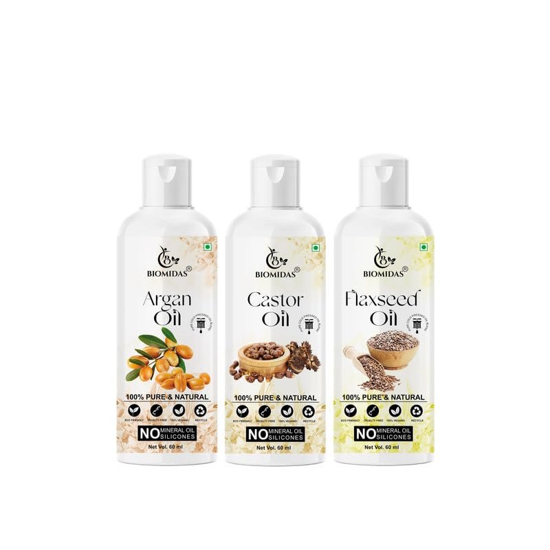 Biomidas 100% Pure Argan Oil & Castor Oil & Flaxseed Oil 60ML Combo (Pack Of 3)