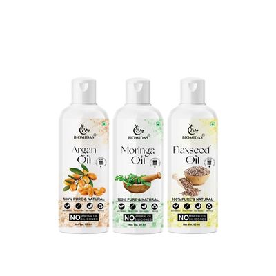 Biomidas 100% Pure Argan Oil & Moringa Oil & Flaxseed Oil 60ML Combo (Pack Of 3)