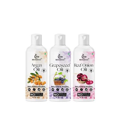 Biomidas 100% Pure Argan Oil & Grapeseed Oil & Red Onion Oil 60ML Combo (Pack Of 3)