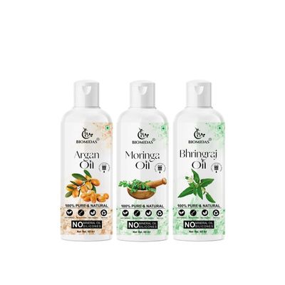 Biomidas 100% Pure Argan Oil & Moringa Oil & Bhringraj Oil 60ML Combo (Pack Of 3)