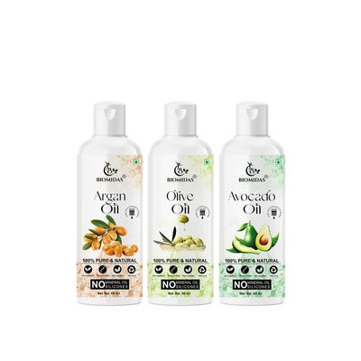 Biomidas 100% Pure Argan Oil & Olive Oil & Avocado Oil 60ML Combo (Pack Of 3)