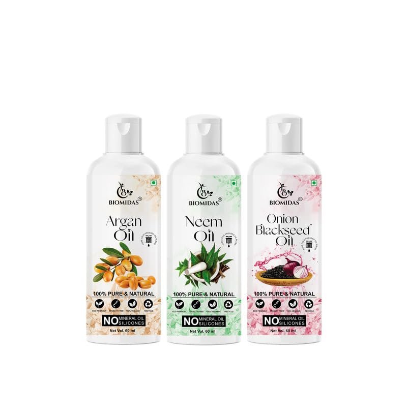 Biomidas 100% Pure Argan Oil & Neem Oil & Onionblackseed Oil 60ML Combo (Pack Of 3)