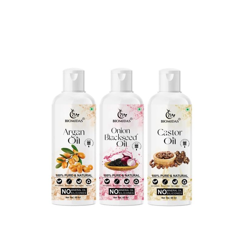 Biomidas 100% Pure Argan Oil & Onionblackseed Oil & Castor Oil 60ML Combo (Pack Of 3)