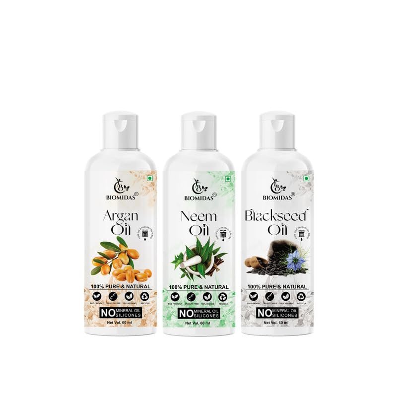 Biomidas 100% Pure Argan Oil & Neem Oil & Blackseed Oil 60ML Combo (Pack Of 3)