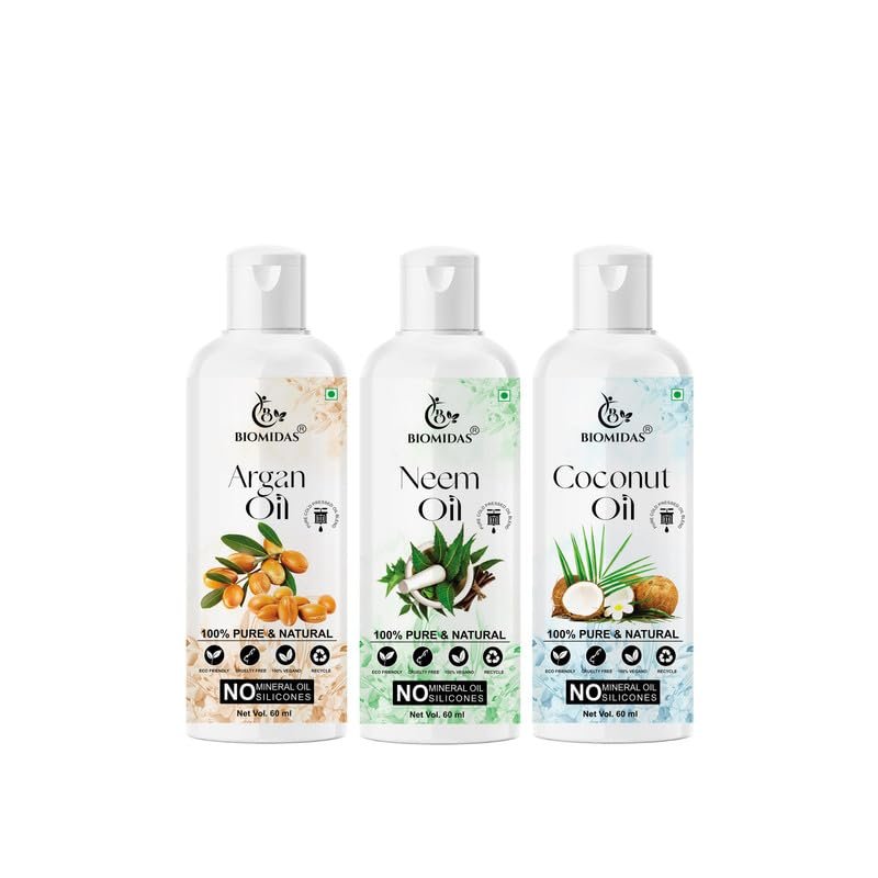 Biomidas 100% Pure Argan Oil & Neem Oil & Coconut Oil 60ML Combo (Pack Of 3)