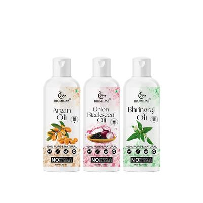 Biomidas 100% Pure Argan Oil & Onionblackseed Oil & Bhringraj Oil 60ML Combo (Pack Of 3)