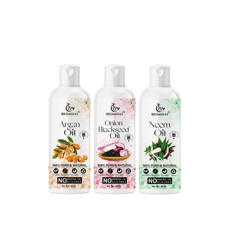 Biomidas 100% Pure Argan Oil & Onionblackseed Oil & Neem Oil 60ML Combo (Pack Of 3)