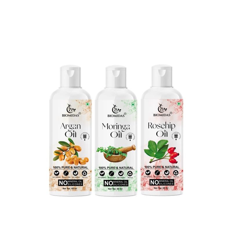 Biomidas 100% Pure Argan Oil & Moringa Oil & Rosehip Oil 60ML Combo (Pack Of 3)