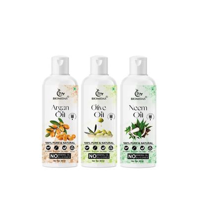 Biomidas 100% Pure Argan Oil & Olive Oil & Neem Oil 60ML Combo (Pack Of 3)