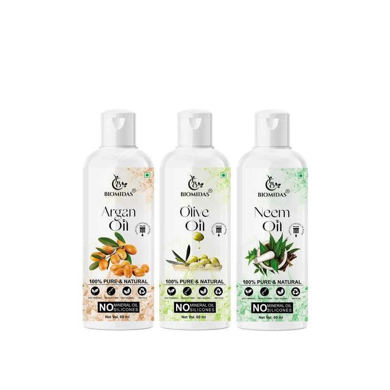 Biomidas 100% Pure Argan Oil & Olive Oil & Neem Oil 60ML Combo (Pack Of 3)