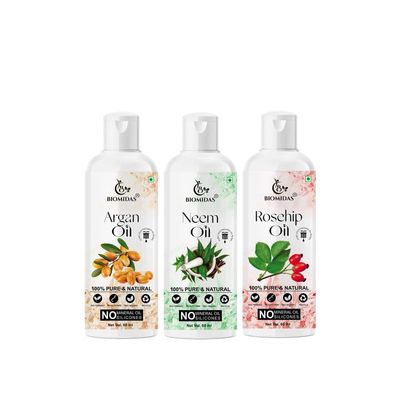 Biomidas 100% Pure Argan Oil & Neem Oil & Rosehip Oil 60ML Combo (Pack Of 3)
