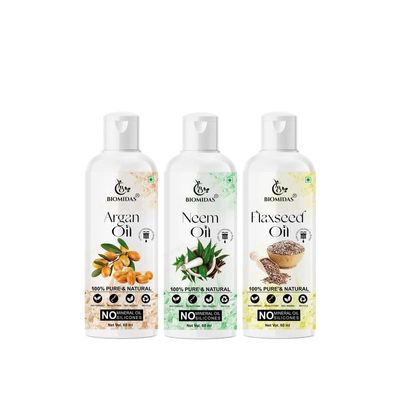 Biomidas 100% Pure Argan Oil & Neem Oil & Flaxseed Oil 60ML Combo (Pack Of 3)