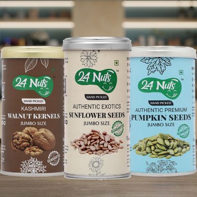 24 Nuts Hand Picked Jumbo Size Premium Pumpkin Seeds And Exotics Sunflower Seeds And Walnut Kernels Combo Pack of 700 gm (250gx2) (200gx1)