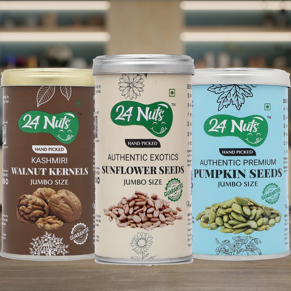 24 Nuts Hand Picked Jumbo Size Premium Pumpkin Seeds And Exotics Sunflower Seeds And Walnut Kernels Combo Pack of 700 gm (250gx2) (200gx1)
