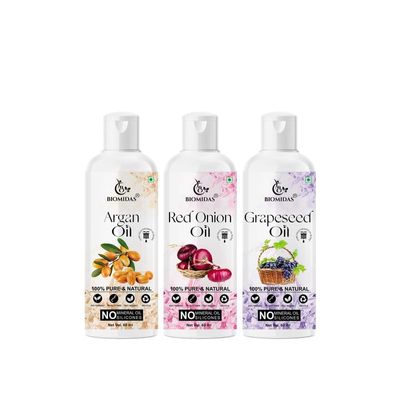 Biomidas 100% Pure Argan Oil & Red Onion Oil & Grapeseed Oil 60ML Combo (Pack Of 3)