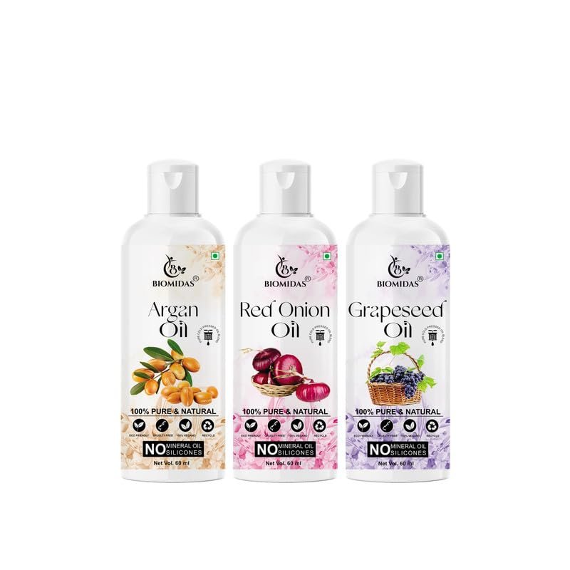 Biomidas 100% Pure Argan Oil & Red Onion Oil & Grapeseed Oil 60ML Combo (Pack Of 3)